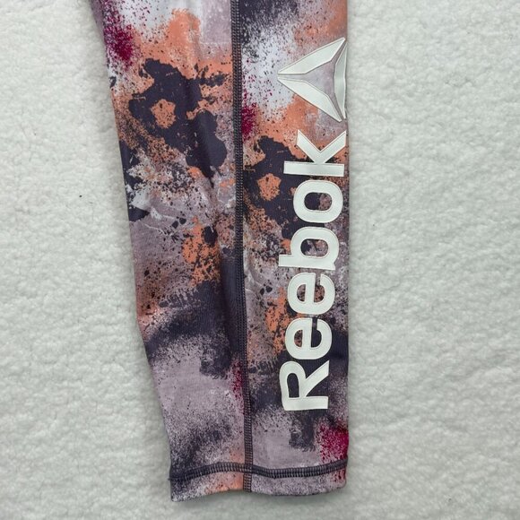 Reebok Capri Leggings Pockets Drawstring Splatter Print Mulled Grape Womens L - Picture 2 of 11